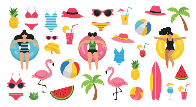 Extensive collection of summer vacation items including swimsuits, sunglasses, drinks, fruit, flamingos, and people on floats.