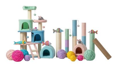 Colorful Cat Tree and Scratching Post Set with Toys and Yarn Balls for Feline Fun and Exercise