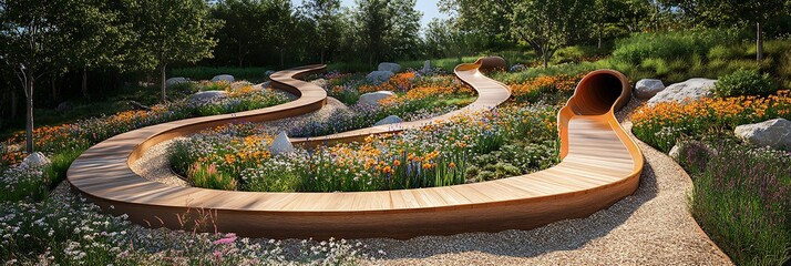 Eco-conscious play space with curved timber slides and wildflower landscaping