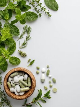 Fresh herbs are placed alongside various supplements on a clean surface. The scene shows a focus on health and nutrition. Different shapes and colors are visible among the items