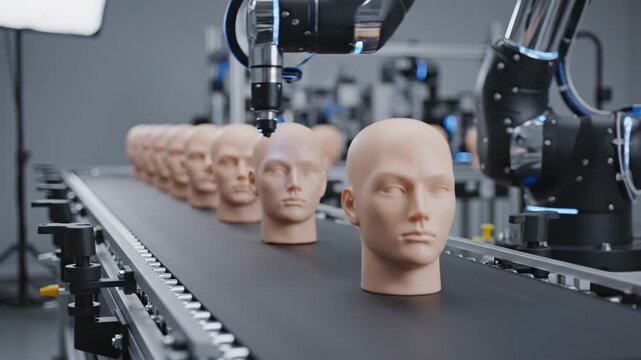 Robotic Arm Inspecting Mannequin Heads on Industrial Conveyor Belt