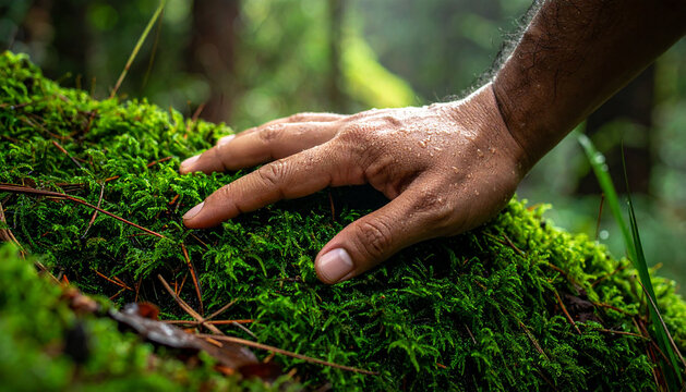 Close-up of hand touching wet green moss in lush forest, sensory connection to nature and mindfulness concept, macro photography with morning dew drops and bokeh background.