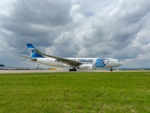 Egypt Air Cargo Airbus A300 aircraft is taxiing at MXP Milano Malpensa international airport