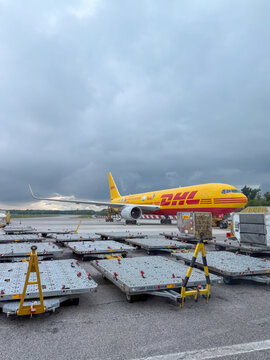 DHL Air Transport Boeing 767 aircraft parked at the hub of MXP Milano Malpensa international airport. Bringing The Mountain Bongos Home Livery
