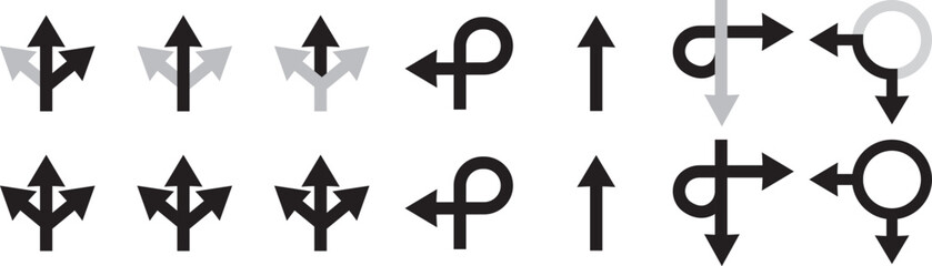 Obraz premium Navigation road arrows set with turning, straight and crossroad directions on Transparent background. turning, straight, and location point marks for driving route. Road navigation arrows. Traffic rou