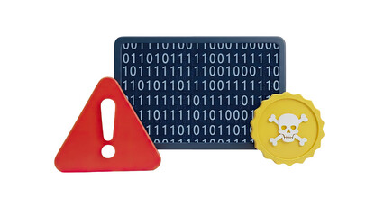 Cybersecurity Warning: Binary Code, Exclamation Mark, and Skull Symbol