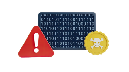 Cybersecurity Warning: Binary Code, Exclamation Mark, and Skull Symbol