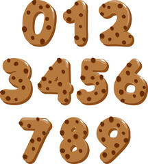 Chocolate chip cookie numbers on white background. Pastry shop sweet candy biscuit lettering, tasty bakery hand drawn font. Vector illustration
