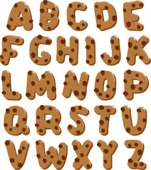 Chocolate chip cookie alphabet. Pastry shop sweet candy biscuit lettering, tasty bakery hand drawn font. Vector illustration