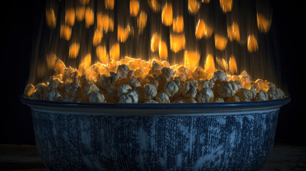 Golden caramel drizzle falling over bowl of popcorn creating warm glow and cozy appetite