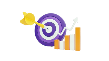 Dart hitting target, growth graph, and rising arrow