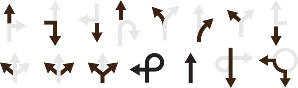 Navigation road arrows set with turning, straight and crossroad directions on Transparent background. turning, straight, and location point marks for driving route. Road navigation arrows. Traffic rou