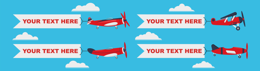 Vintage airplane banner illustration with red propeller planes pulling text ribbons. Clean flat style composition with clouds and sky background
