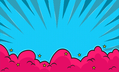 Comic style background with halftone rays and clouds. Pop art explosion scene for dynamic layouts © top dog