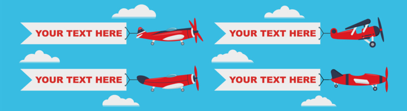 Vintage airplane banner illustration with red propeller planes pulling text ribbons. Clean flat style composition with clouds and sky background