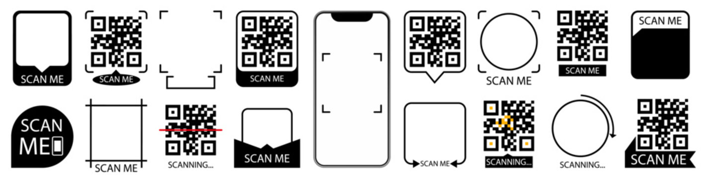 QR code scanning icon set with frames smartphones and scan symbols. Minimal black line style elements for mobile payment and digital access