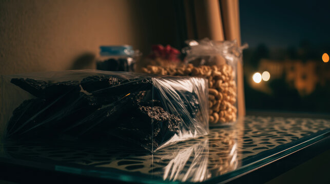 Wrapped chocolate biscuit and jar of nut snacks on reflective table at night, warm mood, cozy indoor snack still life