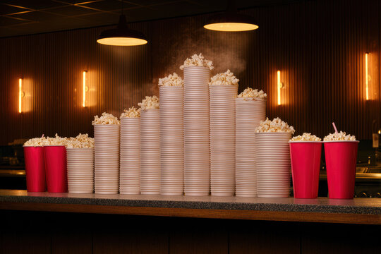 Steaming stacks of popcorn cups arranged in pyramid with red takeaway cups on retro concession counter, warm lighting and cinematic ambiance