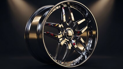 Shiny Chrome Car Wheel with Red Accents on Transparent Background