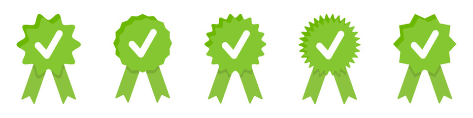 Green approval badges with checkmark symbols. Verification graphics for quality confirmation and trust labels