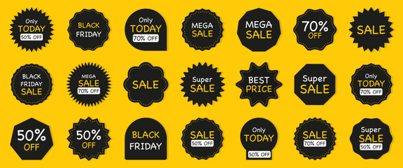 Sale and discount badges set on bright background. Promotional marketing stickers for shopping events and campaigns