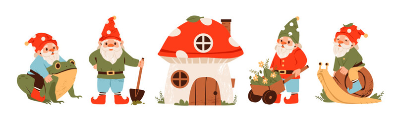 Garden gnomes with a frog, snail, tools, and a mushroom house. Cute fairy tale characters. Garden elf. Cartoon flat vector illustration.