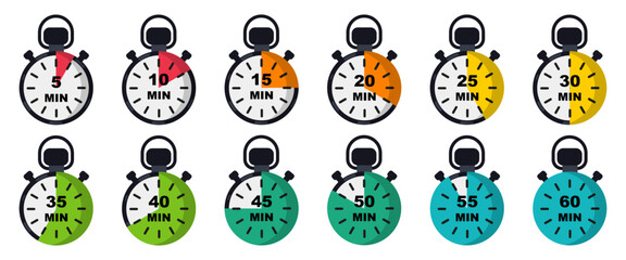 Stopwatch timers showing different minute intervals. Time management icons for productivity and scheduling