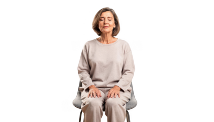 Woman sitting upright on a chair in a cozy living room eyes closed practicing guided breathing to ease hot flashes showcasing calmness and selfcare at home.