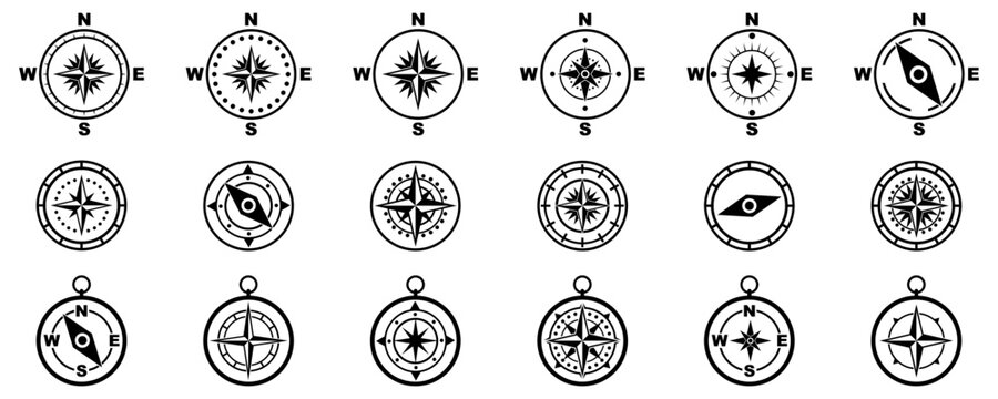 Compass rose icon collection with navigation symbols and cardinal directions. Monochrome vector style suitable for maps travel and orientation themes