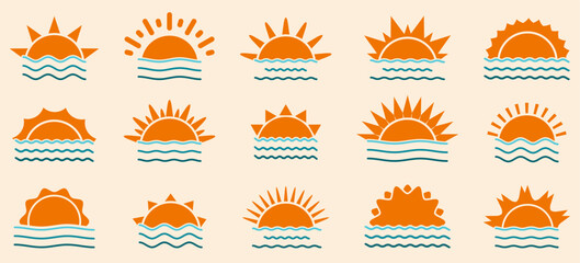 Sun over sea icons set with horizon waves. Minimal summer symbols for weather travel and vacation