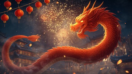 Vibrant orange chinese dragon celebrating with fireworks and lanterns in traditional cultural festive scene