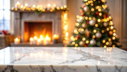 A close-up shot of a marble table top with a blurred background of a fireplace with candles, a Christmas tree and strings of twinkling lights, and a window. High quality