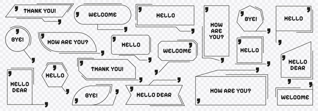 Outline speech bubbles with simple text examples. Communication frames for dialogue messages and quotes