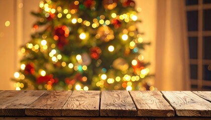 A rustic wooden table in the foreground with a blurred, glowing christmas tree and bokeh lights in the background. High quality