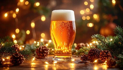 A single beer glass surrounded by glowing fairy lights creating a cozy festive atmosphere with a warm winter themed background of pine branches and cones. High quality.