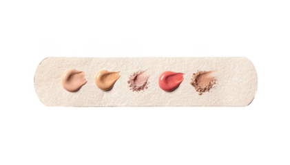 Single cosmetic patch test strip with makeup dabs on white background demonstrating a home beauty safety routine before full facial application.