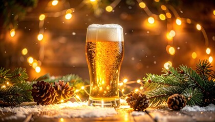 A single beer glass surrounded by glowing fairy lights creating a cozy festive atmosphere with a warm winter themed background of pine branches and cones. High quality.