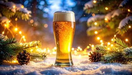 A single beer glass surrounded by glowing fairy lights creating a cozy festive atmosphere with a warm winter themed background of pine branches and cones. High quality.
