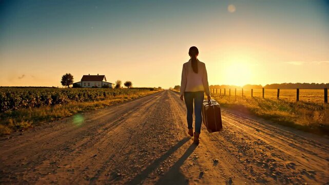 A silhouette walks down a dusty road as the sun sets, casting warm golden light. The traveler carries a suitcase, symbolizing a quest for new beginnings amid serene landscapes.