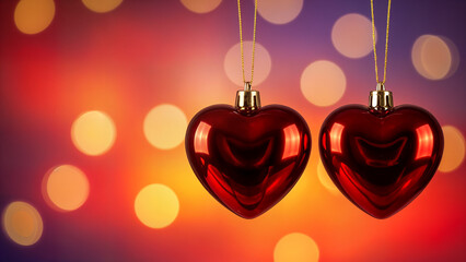 Glossy red hearts hanging in festive warm bokeh lights