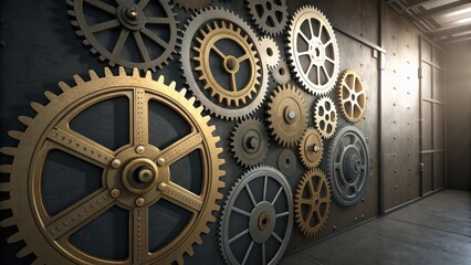 Fototapeta premium Intricate interlocking brass and silver gears of various sizes in a complex mechanical arrangement.