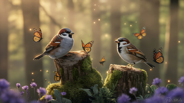 Two sparrows perched on mossy tree stumps surrounded by monarch butterflies