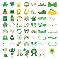 Obraz premium St. Patrick's Day Mega Element Bundle. Huge Vector Collection of Leprechaun, Shamrock, Beer, Gold and Party Accessories for Holiday Design.