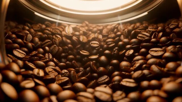 Firefly &ldquo;Roasted coffee beans rotating inside a transparent cylindrical chamber, gentle top-light gl