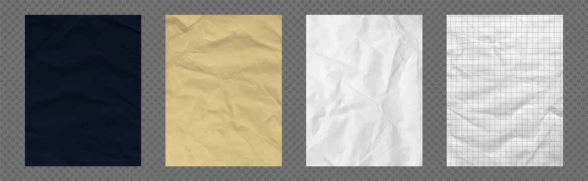 Set of paper backgrounds black beige and white with blue grid pattern and crumpled texture. Realistic notebook design for craft, scrapbook or school education collage with soft fold details bg. Vector