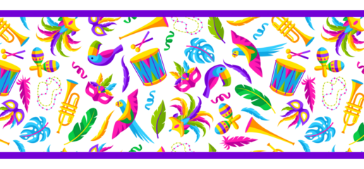 Vibrant carnival pattern with musical instruments masks and birds on transparent background