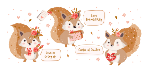 Adorable cartoon squirrels with gifts and flowers perfect for valentine s day on transparent background