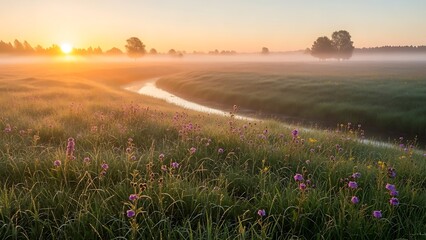 Sunrise Over Meadow Landscape With Wildflowers And Misty Horizon
