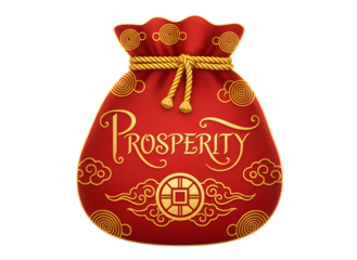 Red prosperity bag with gold ornament and text for luck and fortune