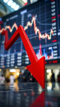 Large red arrow points downwards against a stock market graph representing loss, recession or economic decline, financial crisis.